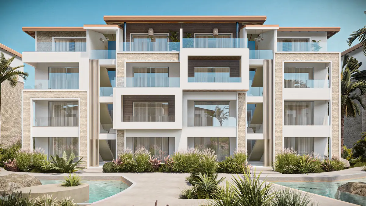 Apartamentos y villas con acceso a playa privada, seguridad 24/7, restaurante y bar. Una comunidad cerrada pensada para vivir el Caribe con elegancia y privacidad.