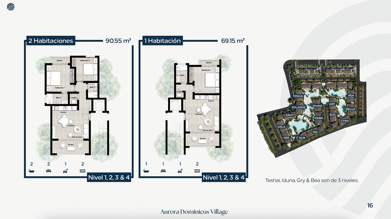 Floor plan 1 and 2 bedroom typology, Aurora Dominicus Village II