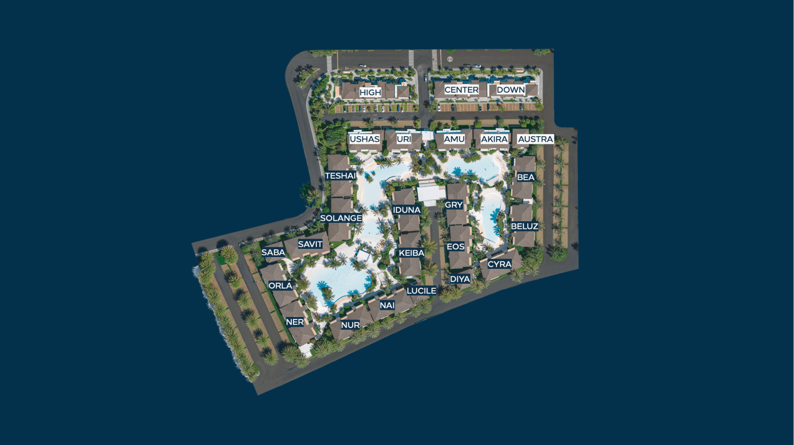 Master plan del proyecto Aurora Dominicus Village II — distribución de edificios y áreas comunes