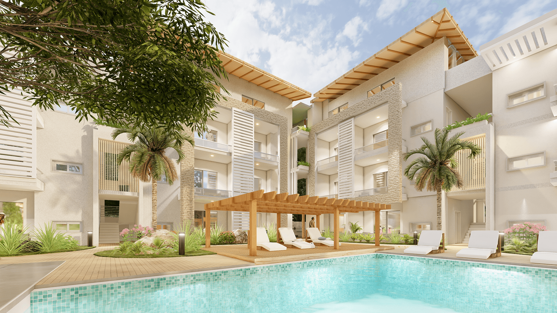 Residencias con completas amenidades: club privado, espacios amueblados, áreas sociales y seguridad permanente para una experiencia caribeña sin preocupaciones.