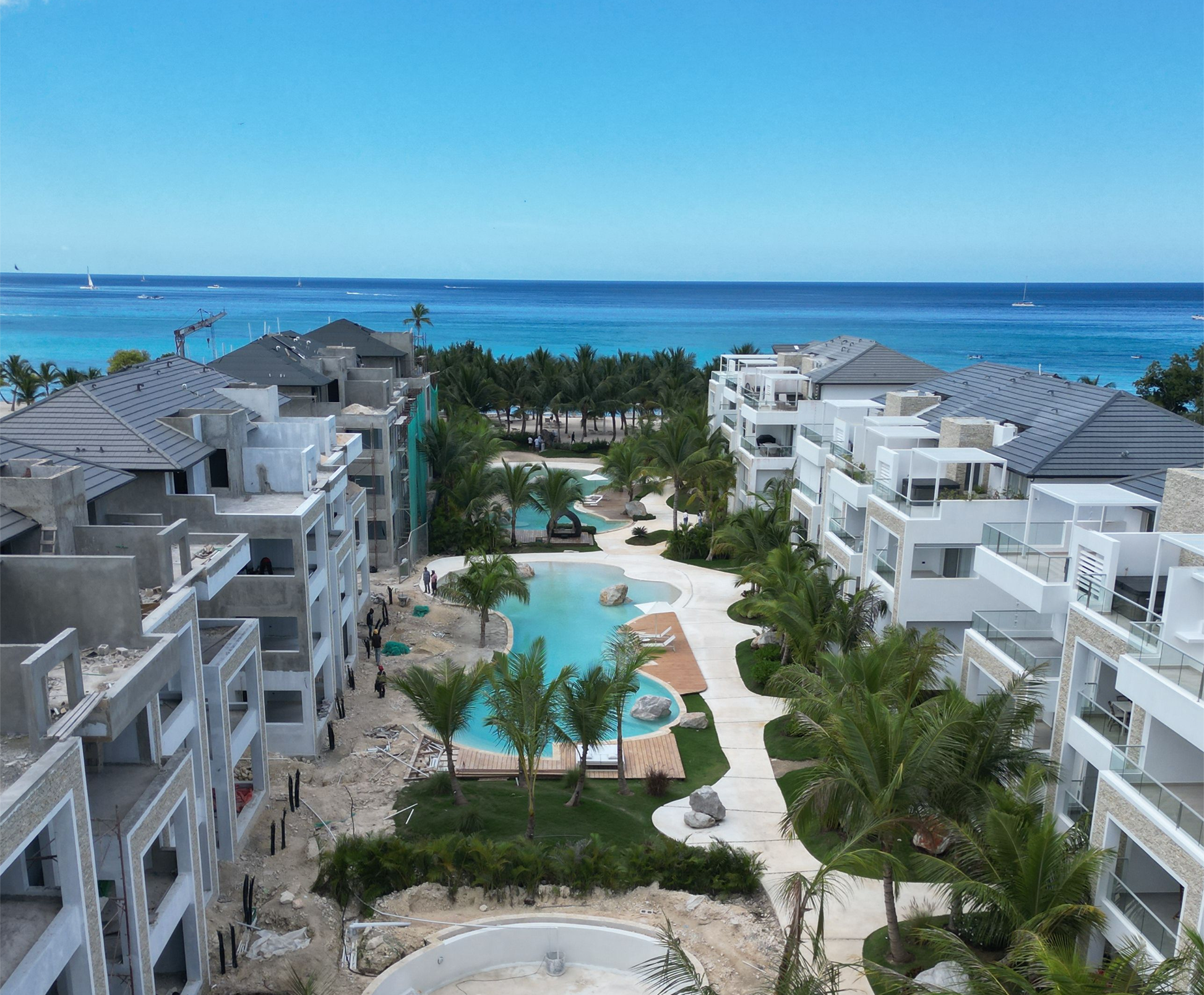 Vista aérea de Dominicus con complejos residenciales y playas