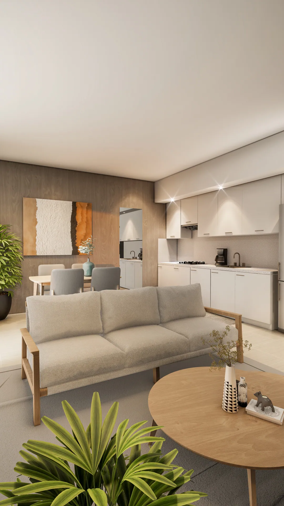 Living room and kitchen of an apartment