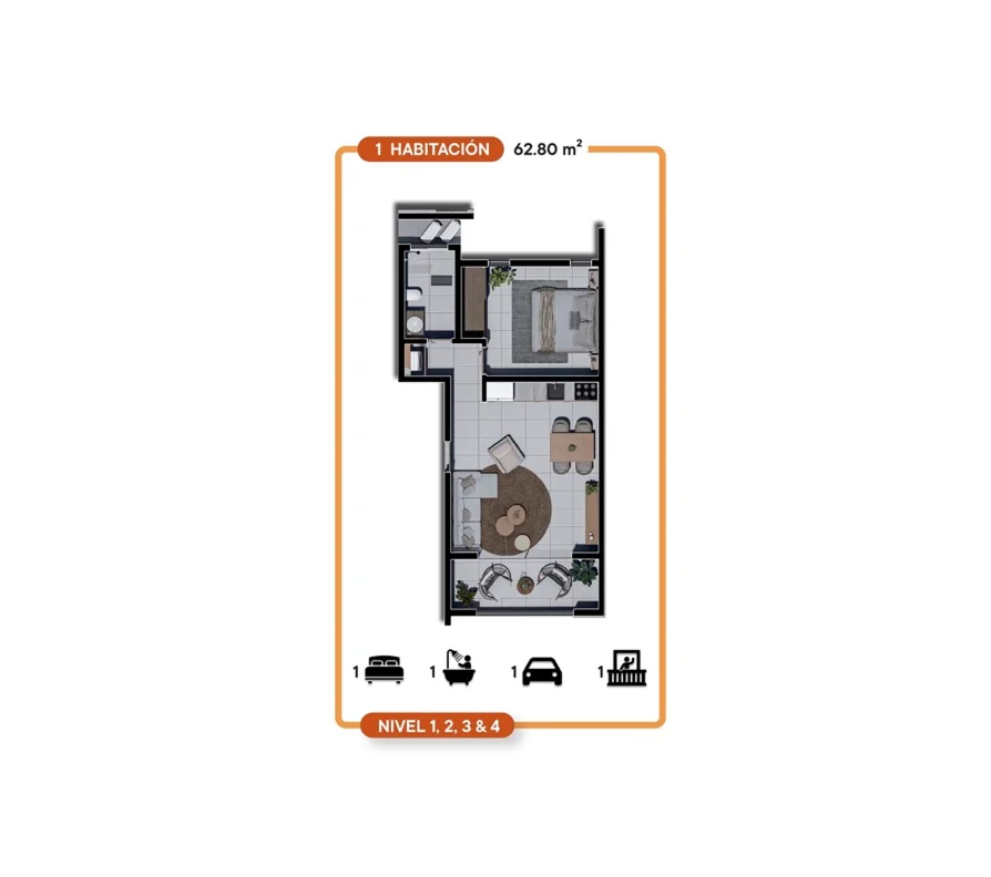 Plano del Apartamento 1 Habitación – 62.80 m²