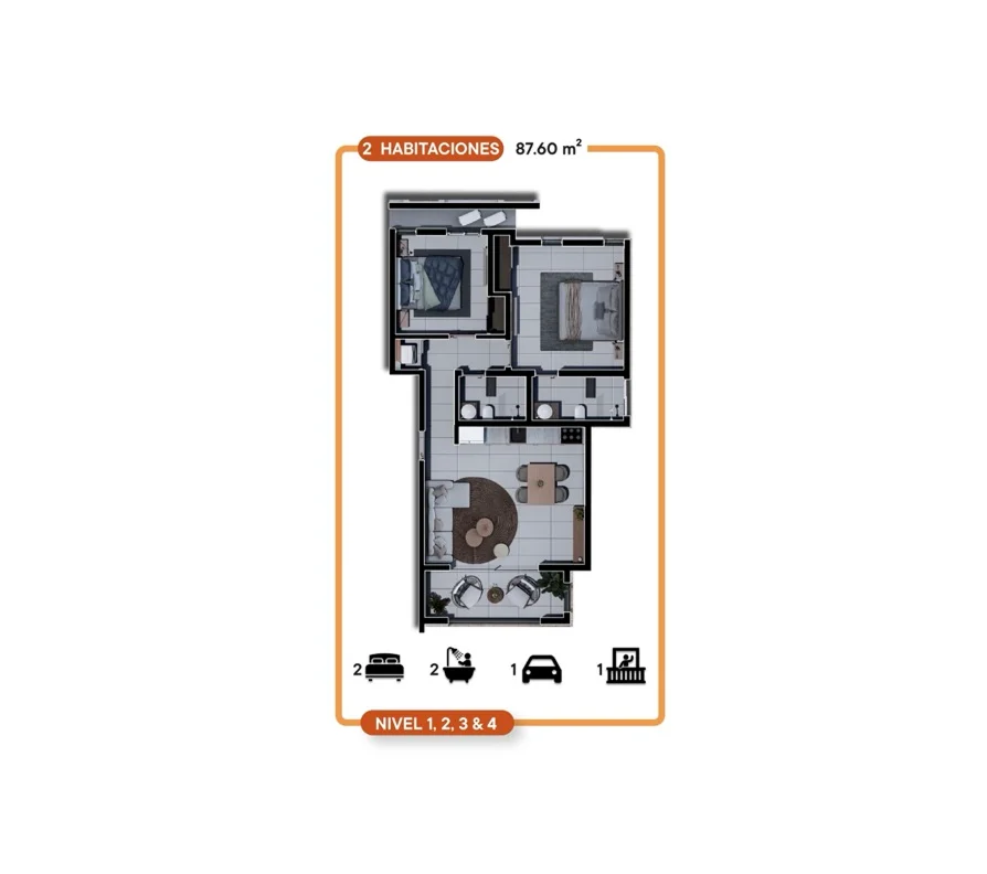 Plano del Apartamento 2 Habitaciones – 93.90 m²